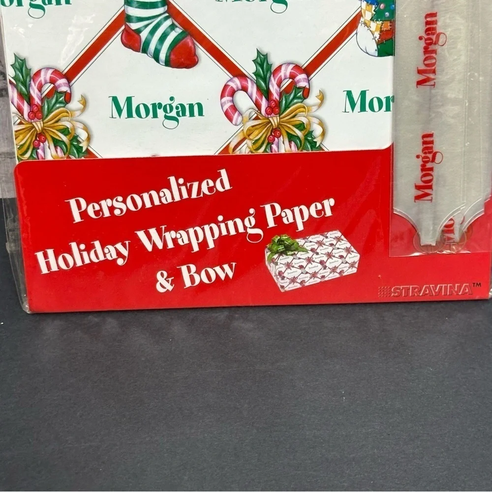 Holiday Red Christmas Wrapping Paper & Pull Bow Personalized MORGAN Stravina NOS